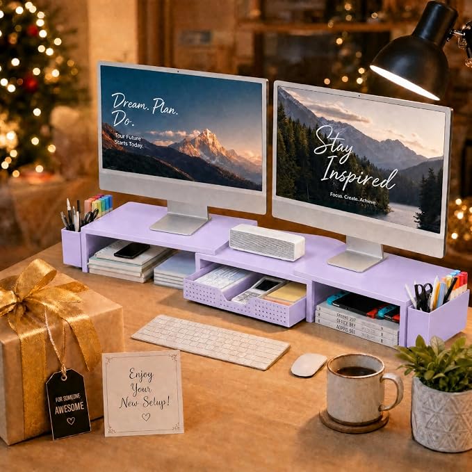 OPNICE Desk Organizers and Accessories, Dual Computer Monitor Stand Riser with Drawer and 2 Pen Holders, Office Desk Accessories, Workspace Desktop Organization for Office Supplies (Purple Metal )