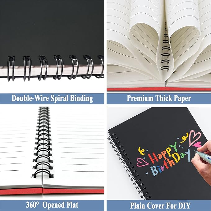 4Pack Small Spiral Notebook A5, 8.25x5.5” 120 Lined Pages Black & Red Wide Ruled Spiral Journal Bulk Blank Kraft Cover Spiral Bound Notebook & Writing Pads for Home Office Meeting Work Note Taking