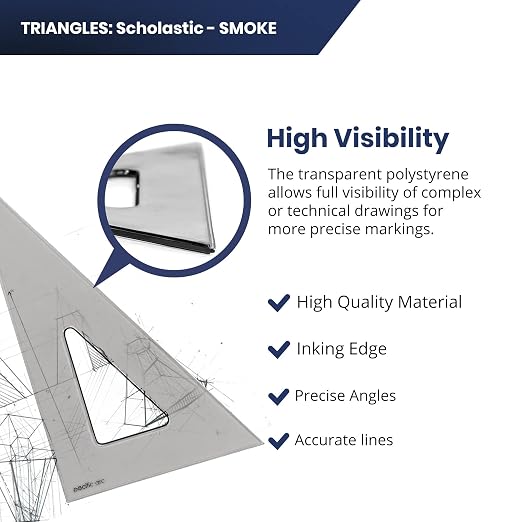 Pacific Arc's Scholastic Triangle - 12 inch - Smoke - 45/90 Angle - Polystyrene - Inking Edge - Technical Drawing Tools, Drafting, Architect and Engineering.