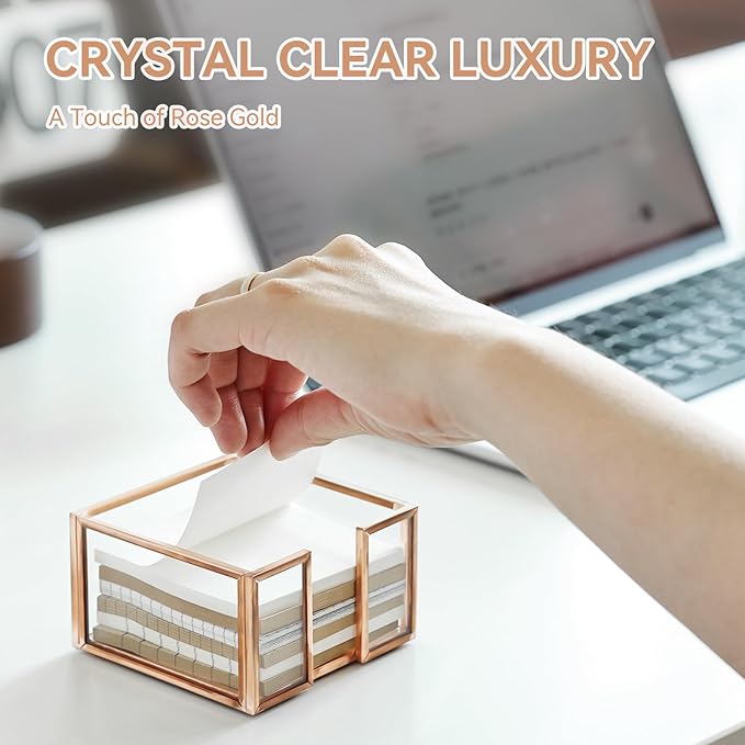 Rose Gold Glass Sticky Note Holder for Desk, Elegant Sticky Note Dispenser Organizer for 3x3 Inch Pads, Cute Clear Notepad Note Holder with Non-Slip Pads, Modern Luxury Office Decor Gift for Women