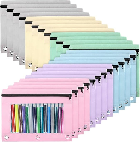 Marspark 48 PCS Pouch Bag for 3 Ring Binder - Bulk Zipper Pencil Binder Pouches with Clear Window for Office Utensils Storage Supplies (Macaron Color)