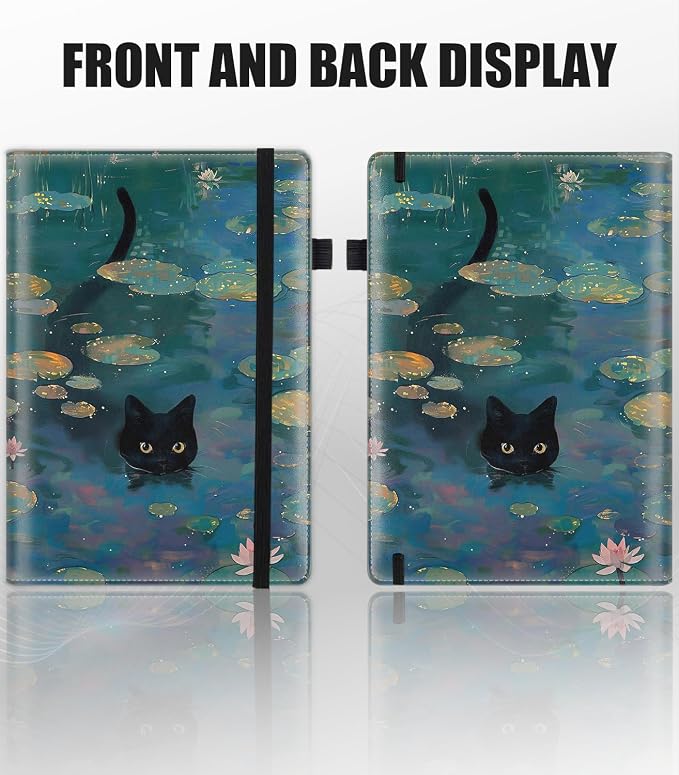 Hardcover Executive Notebooks, A5 PU Leather Lined Journal Notebook, 200 Pages Thick Paper Subject Notebooks for School,Work,Home Writing Business Notebook, Diary Book ， Lack Cat and Lotus