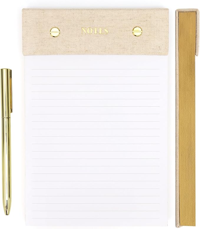 ELYN Lined Notepad, Aesthetic Linen Memo Pad With Matching Gold Gel Pen, 125 Sheets, 8.1 x 5.3 in - 100 GSM Premium Thick Paper, Perforated Pages & Hard Linen Backing, For Work, School or Home (Linen)