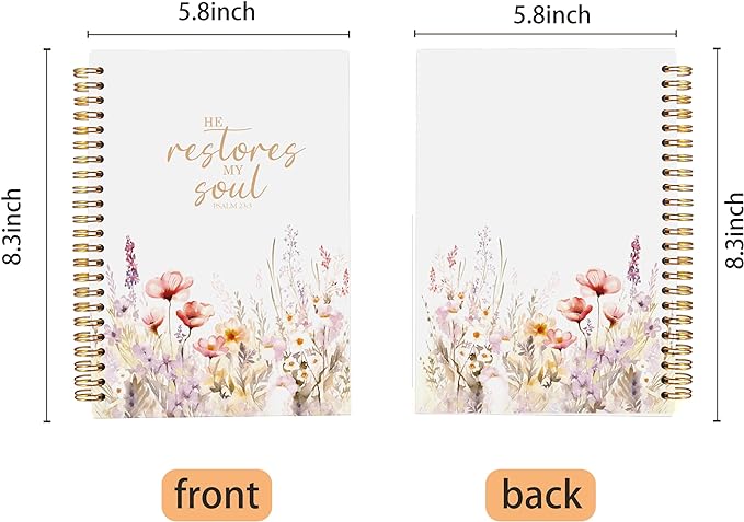 Christian Floral Spiral Notebook Journal 5.5x8.3 Inch | Prayer Journal for Women,Bible Journaling Notebook,PSALM 23:3 He Restores My Soul Religious Lined Hardcover Spiral Notebook