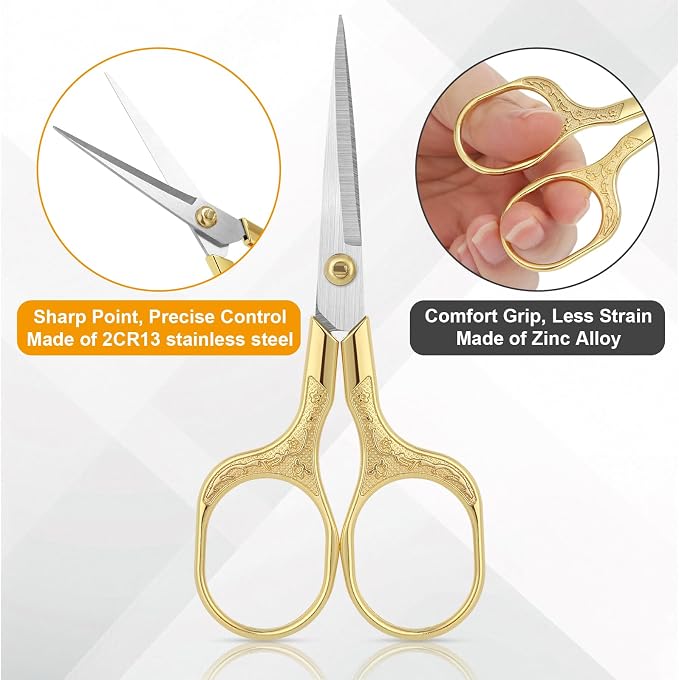 Small Embroidery Scissors,Set of 2 Sewing & Craft Scissors for Precision Cutting,Stainless Steel Fabric Paper Scissor,Gold & Silver