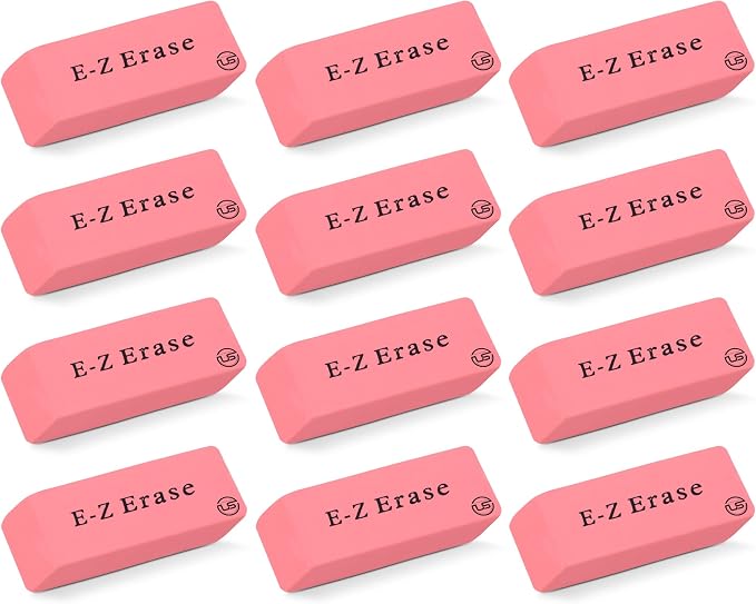 Pink Erasers, 12 Count Rectangular Eraser Bulk Pack, Latex Free Pink Pearl Erasers for School Supplies, Art and Office