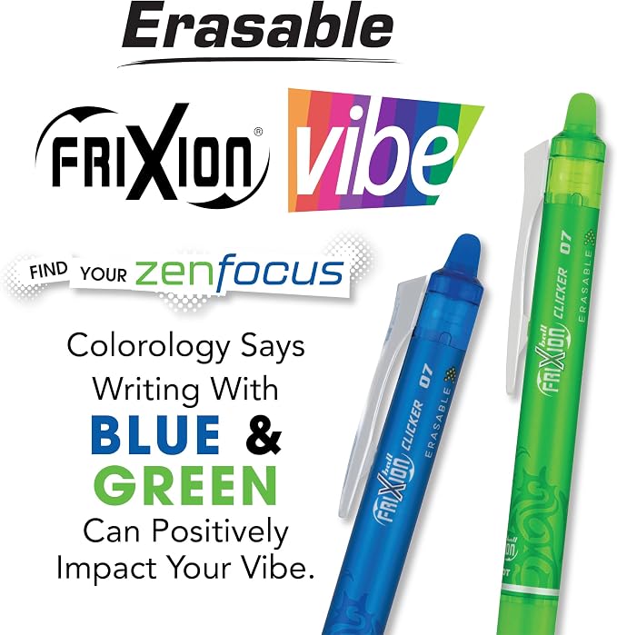 Pilot, FriXion Vibe Clicker Premium Erasable Gel Ink Pens, Find Your ZenFocus Vibe, Calm & Confident Colors, 7 Pack, Fine Point 0.7 mm, Assorted Blue/Green Inks