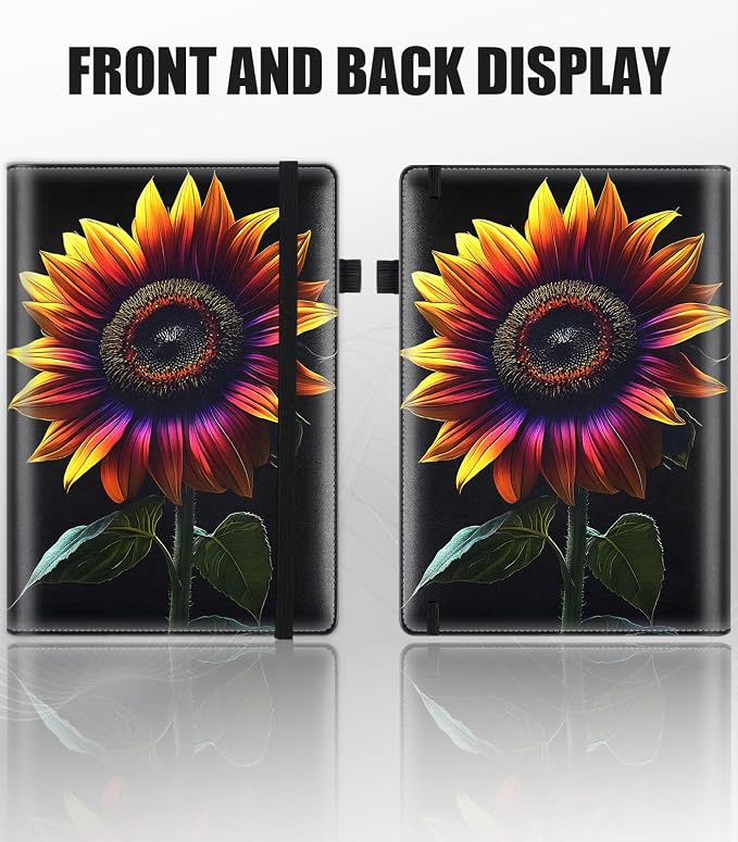 Hardcover Executive Notebooks, A5 PU Leather Lined Journal Notebook, 200 Pages Thick Paper Subject Notebooks for School,Work,Home Writing Business Notebook, Diary Book ，Colored Sunflowers