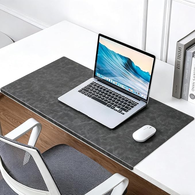 Edge-Locked Non-Slip Large Desk Pad with Edge Protector, Leather Office Laptop Mouse Mat Extended Table Protector, Desk Blotter for Writing Game Work Typing (Dark Grey,35.4"x16.9")
