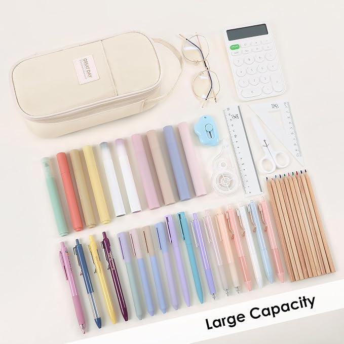 SKYDUE Beige Pencil Case for Girls & Boys - Aesthetic Pencil Bag with Multi-Compartment, Large Capacity Zippered Pencil Pouch for School Supply