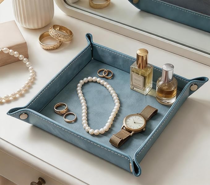 Valet Tray Desktop Storage Organizer – Vegan Leather Catchall Bedside Vanity Tray Nightstand Caddy Holder for Remote Controller, Watch, Keys, Phone, Wallet, Coin, Jewelry, Stone Blue