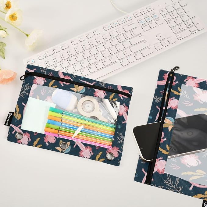 Axolotl Pencil Pouches for 3 Ring Binder 2 Pack | Binder Pencil Case With Zipper Reinforced GrommetsPencil Bags for Office Organizers