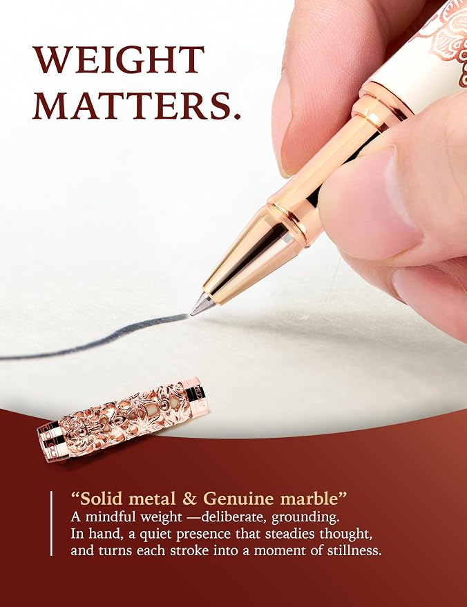 Executive Rollerball Pen Sets With Stand-Museum Collections-Crafting Timeless Beauty-Luxury Pen Gift & Office Desk Decor, German SCHMIDT refill, Solid Metal & Marble Texture (Ivory & Rosegold Pen)