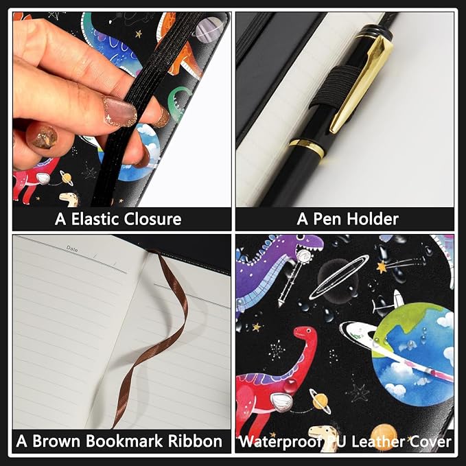 A5 Leather Lined Journal Notebook, 200 Pages Hardcover Executive Notebook for Men Women Office School Note Taking, Thick Writing Paper Daily Journal with Bookmarks/Indexes, Dinosaur Space Pattern