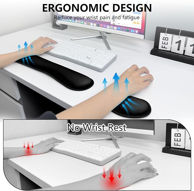 Wrist Rest for Computer Keyboard and Mouse, Ergonomic Design Wrist Support Pad for Keyboard, Soft Memory Foam Desk Pads Support Hand and Arm Easy Typing Pain Relief, 2 Piece Pad, Black