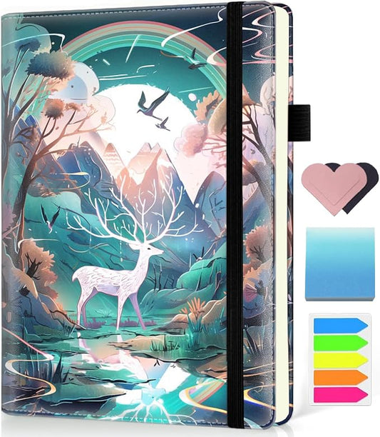 Hardcover Executive Notebooks, A5 PU Leather Lined Journal Notebook, 200 Pages Thick Paper Subject Notebooks for School,Work,Home Writing Business Notebook, Diary Book ，White Deer