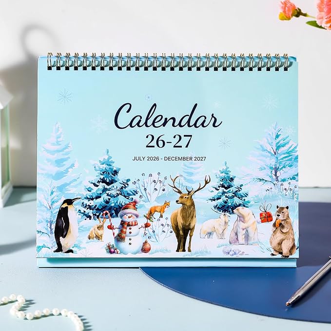 Desk Calendar 2026-2027 - Standing Flip Desktop Calendar 2026-2027 from July 2026 to December 2027, 18 Month, 9.8" x 8.3" Desktop Calendar for Office School Home, Animal & Seasonal Watercolor