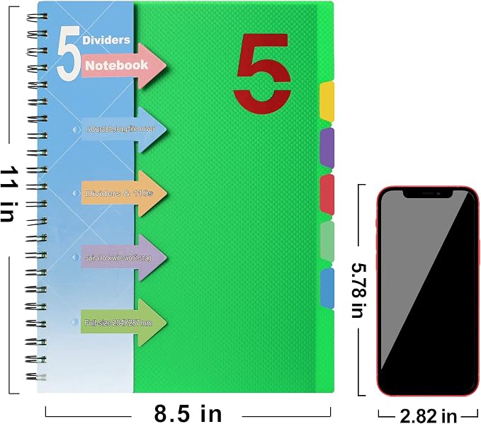 CAGIE Spiral Notebook 8.5 x 11 with Dividers 5 Subject Notebook with Tabs Wide Ruled A4 Spiral Bound Journal for Note Taking Work School Supplies, 220 Pages, Green | College Ruled 240 Pages Spiral Notebook for Note Taking, School, Work, Green