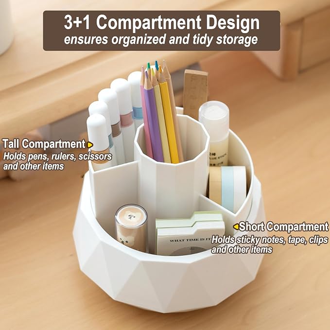 360° Rotating Pen Holder, Large Capacity Pencil Organizer with 4 Compartments for Office and Art Supplies (White)
