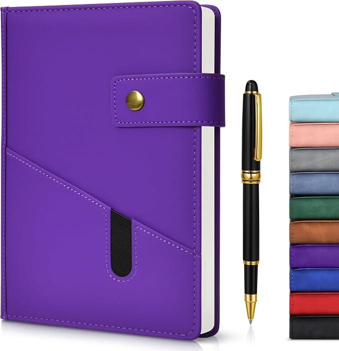 Lined Journal Notebook with Pen, A5 Personalized Hardcover Leather Journal for Men Women, 200 Pages 100 GSM Thick Paper College Ruled Notebooks for Work Travel School Writing Diary 5.9" X 8.4" Purple