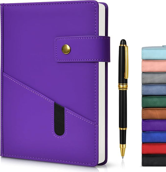 Lined Journal Notebook with Pen, A5 Personalized Hardcover Leather Journal for Men Women, 200 Pages 100 GSM Thick Paper College Ruled Notebooks for Work Travel School Writing Diary 5.9" X 8.4" Purple