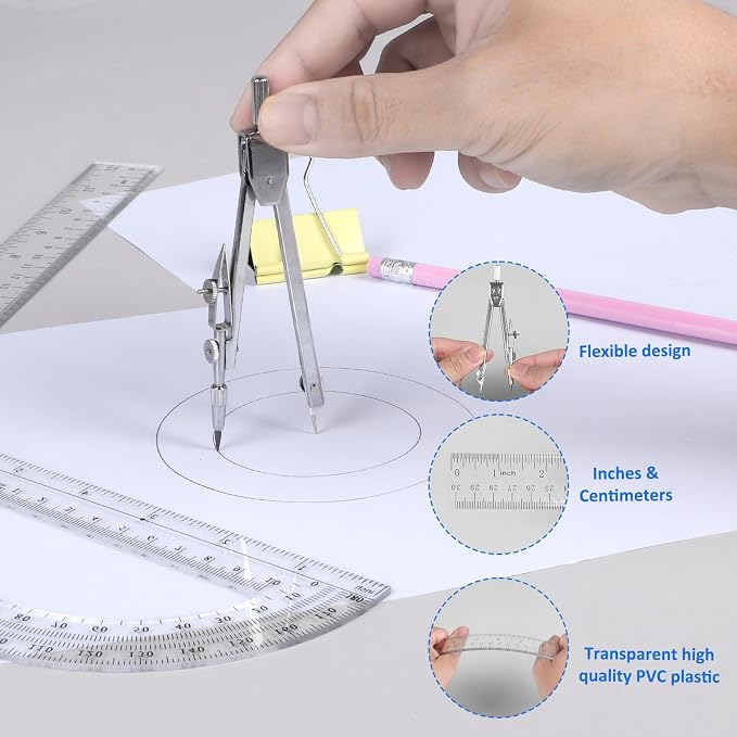 Coopay 3 Pcs Plastic 12 Inch Ruler, Clear Protractor and Compasses Set | Clear Ruler, Protractor and Compass set, Geometry, Durable, Drawing, Measuring, Math, Art, Classroom, School, Student