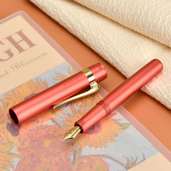 HONG DIAN M2 Black Forest Mini Fountain Pen, Fine Soft Golden Nib & Sleek Shape Aluminium Short Pocket Travel Pen (Orange Red)