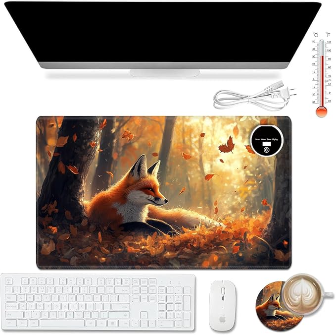 Heated Desk Pad Mouse Pad,Heated Desk Mat,with 3 Heating Levels & 3 Hours Auto Shut-Off,Leather 23.6"*14.2" Gaming Mouse Laptop Mat,Foot Warmer,Cute Fox Forest