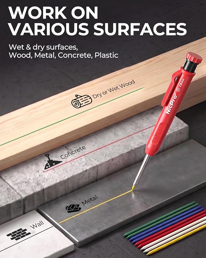 Nicpro 12 Pack Carpenter Pencil with Sharpener, Mechanical Pencils Set with 52 Refills, Deep Hole Marker for Construction, Heavy Duty Woodworking Tools for Architect (Red, Black, Yellow, Blue, Orange)