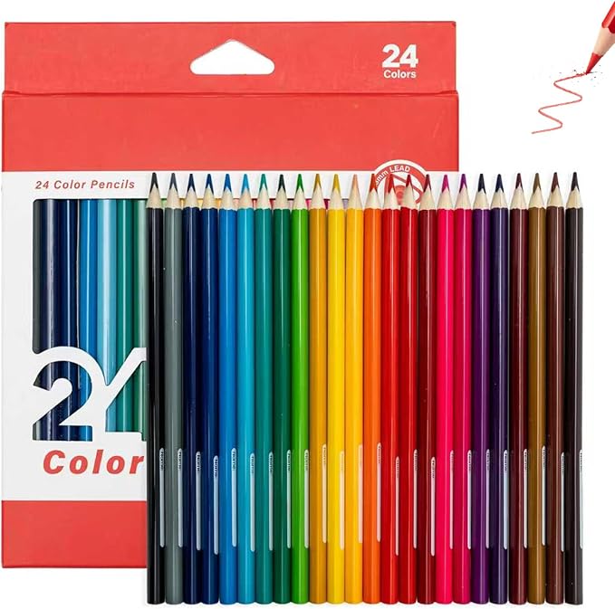 24 Colored Pencils Set – Soft Core, Pre-Sharpened, Break-Resistant – Ideal for Coloring Books, Drawing, Sketching, School Art Supplies (Classic Colors)