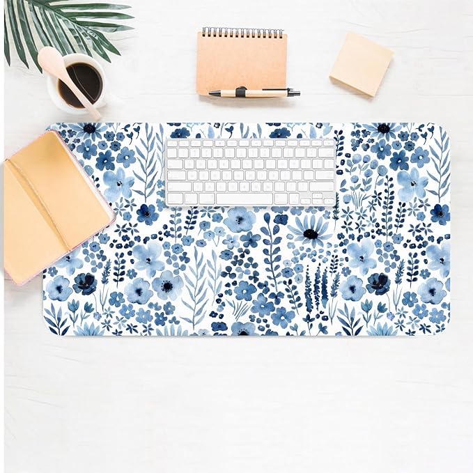Flower Large Mouse Pad, Floral Desk Matt for Desktop, PU Leather Waterproof Desk Pad, Computer PC Laptop Protector Gaming Mouse Pads for Women Office Decor (27.5" x 13.8")