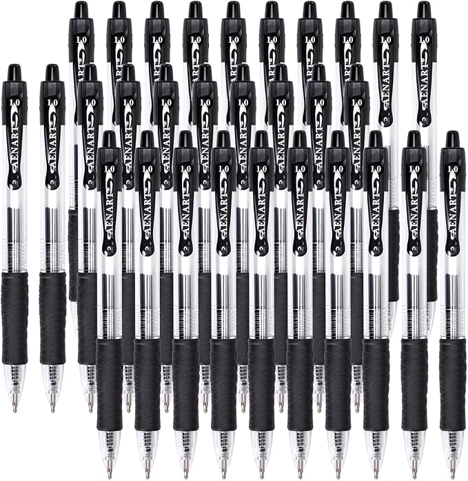 Aen Art 30 Gel Pens - Retractable Gel Ink Roller Pens for Writing, Black 0.7mm Fine Point- for Office, School - Quick Dry + Rubber Grips