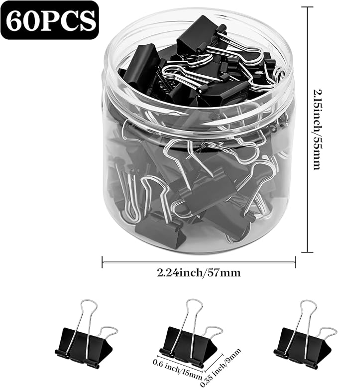 Temiary Binder Clips, mini Metal Binder Paper Clip Black 0.6 Inch, 60 Pcs | Micro Paper Clamps with Clear Storage Container, Binding Paperwork Clamps for School Teachers Office Supplies