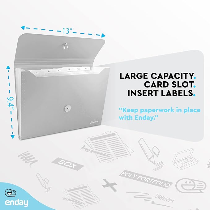 Accordion File Organizer Grey, 7 Pocket Expanding File and Cover Folder with Labels, Plastic Portable Desktop Letter A4 Paper, Also Available in Red, Green, Pink, Blue, Purple, 1 Pc – By Enday