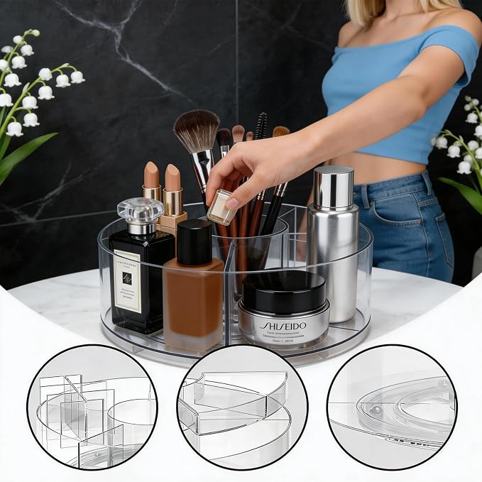 360° Rotating Acrylic Makeup Organizer, Clear Makeup Brush Holder & Pen Holder, Multi-Compartment Rotating Organizer for Cosmetics, Office Supplies, Vanity & Desk