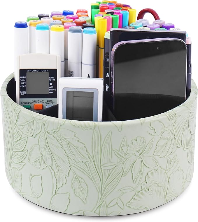 Remote Control Holder, 360°Spinning PU Leather Desk TV Remote Caddy,Desk Storage Box Room Accessories for Controller, Media,Mail,Calculator, Mobile Phone,Pencil(1-Carved Green1)