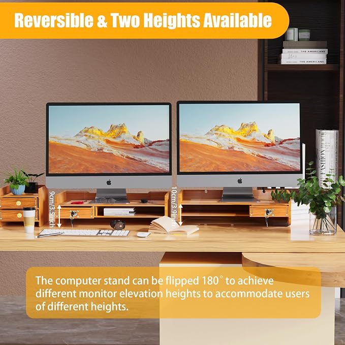 Wood Monitor Stand Riser Computer Laptop Desktop Organizer W/ Drawers + Lock Tray DIY, Desk Drawer Organizers Wood Desk Paper Organizer for Home Office