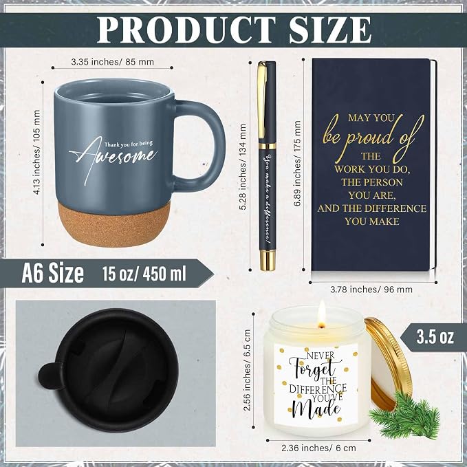 Sayglossy 4 Pcs Thank You Gifts Set for Men Back to School Teacher Appreciation Gift Leather Notebook Inspirational Coffee Mug Scented Candle Ballpoint Pen for Male Employee Coworker Nurse Boss, Blue