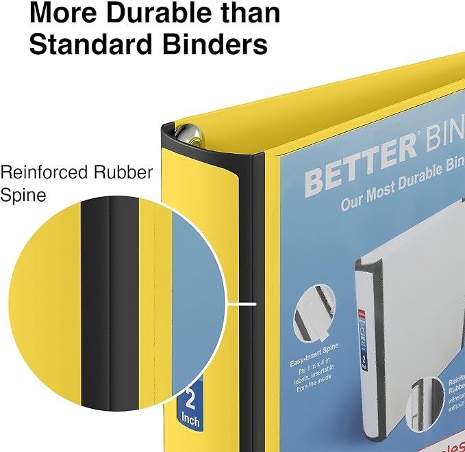 Staples Better Binder, 2" Heavy‑Duty D‑Ring 3‑Ring Binder, Yellow, Reinforced Spine, 540‑Sheet Capacity, Durable for School, Office, Filing & Presentations, 2‑Pack