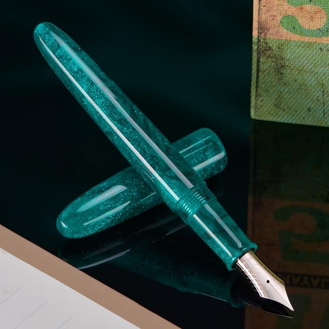 Asvine C80 Fountain Pen #8 Extra Fine Nib Large Handcraft Pen with Converter Pen Box Collection Set (Green Glitter)