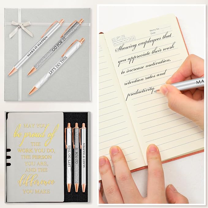 Resurhang 5 Pcs Employee Appreciation Gift Leather Journal Notebook 3 Ballpoint Pens with Box Back to School Thank You Gift for Nurse Volunteer Teacher Secretary Coworker Women(Silver)