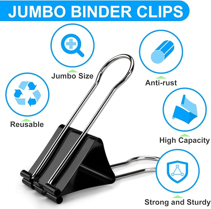 OWLKELA 2 Pack Binder Clips, 2.4 Inch, Black | Extra Jumbo Size, Large Paper Clamps,Ideal for Home, School and Office Supplies