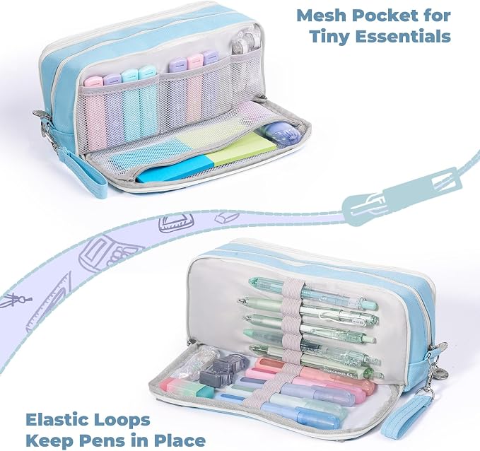 Four Candies Blue Pencil Case 3 Compartment Pouch, Large Pencil Pouch for School, Girls, Teen Boys, Women, Blue, Removable Handle & Zipper, Cute Pencil Bag for Office, College