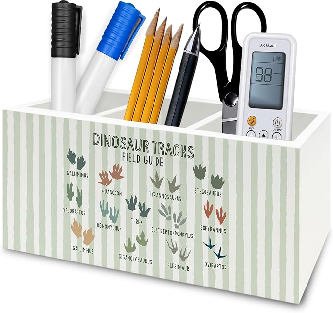 Dinosaur Tracks Nursery Pen Pencil Holder Organizer for Desk, Dino Footprints Educational Wooden Box Signs Decorations for Kids Nursery Room Desk Tabletop, Dinosaur Gifts for Kids Boys