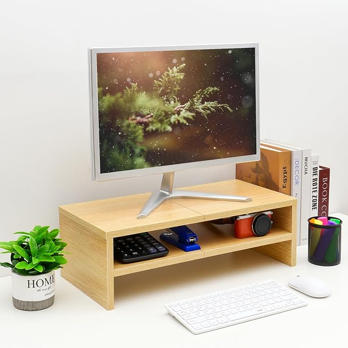 TEAMIX 2 Tiers Desktop Monitor Stand Riser 20 Inch Printer Stand with Storage Small TV Riser Laptop Wooden Desk Organizer Shelf Bookshelf Maple (Natural Maple, 2 Tiers) | Laptop/PC/Printer/Keyboard Storage, Ergonomic Design, 15mm thick Sturdy Wood Boar...