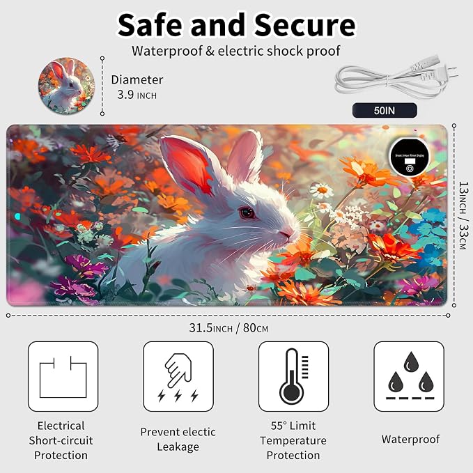 Warm Desk Pad,Heated Desk Pad,Office Mat,3 Heating Levels & 3 Hours Auto Shut-Off,31.5"*13" Gaming Mouse Laptop Keyboard Leather Desk Mat,Cute Rabbit Floral