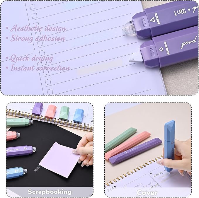 Temiary 4 Pcs 2 in 1 White Correction Tape and Double Sided Roller Set, Aesthetic Smooth Pull Out Tapes with Adhesive Glue Tape Roller Runner for School Office Supplies (Purple)