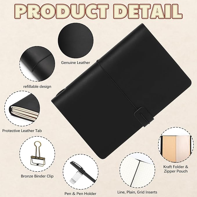 Thenshop Travelers Refillable Leather Journal Notebook Travel Diary Handmade Passport Travelers Journal for Men and Women with 3 Notebook Inserts, Pen Holder, Binder Clip(Black,A5 Size)