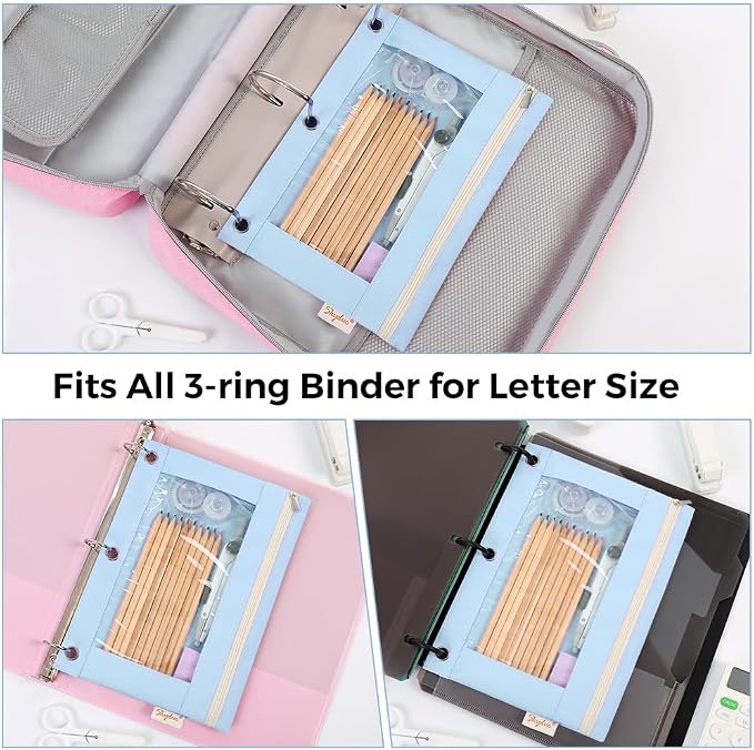 SKYDUE Pencil Pouch for 3 Ring Binder, Zipper Pencil Pouches for Girls Boys, Clear Window Pencil Bag, 3 Ring Pencil Pouch Case for Binder, Durable Organizer for School Supplies
