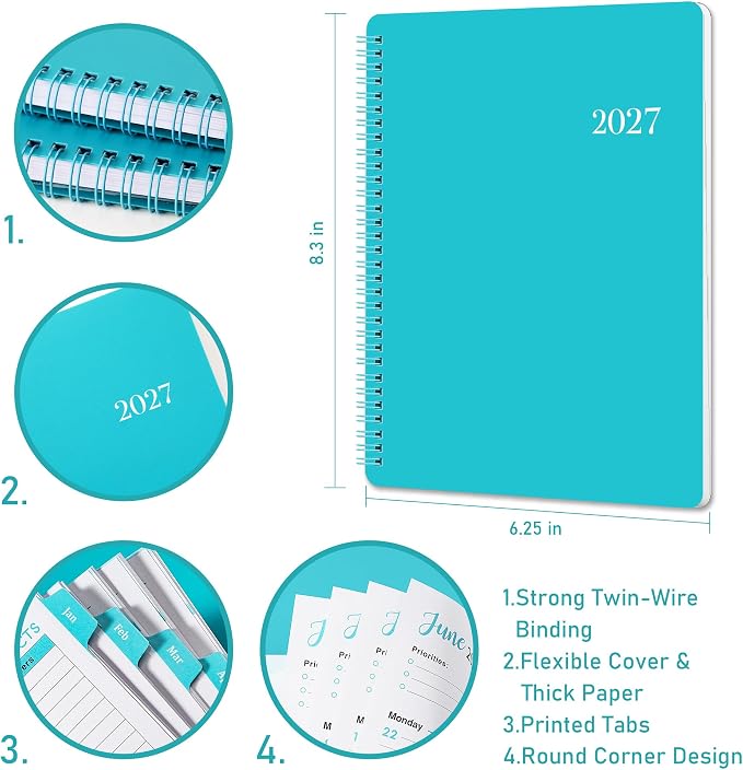 2027 Planner - Planner/Calendar 2027, Jan.2027 - Dec.2027, 8.3" x 6.25" | Tabs, 2027 Calendar Planner, Flexible Cover, A5 Thick Paper, Twin-Wire Binding, 2027 Planner Weekly and Monthly - Aqua Green,
